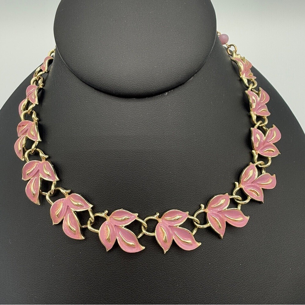 Vintage Signed Coro Lilac Enamel Leaf Choker Necklace
